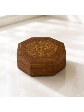 Handcrafted Octagonal Wooden Trinket Box With Gold Floral Detailing Hinged Lid 4